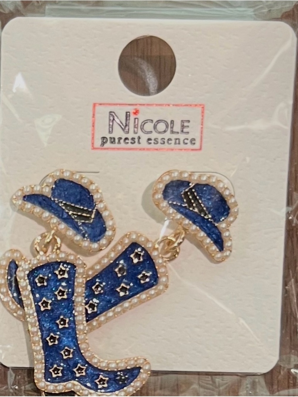 Nicole Blue New Cowboy Hat and Boot earrings with White Trim